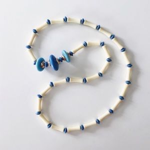 60s long bead necklace - VTG cream + blue saucer hourglass shape beads